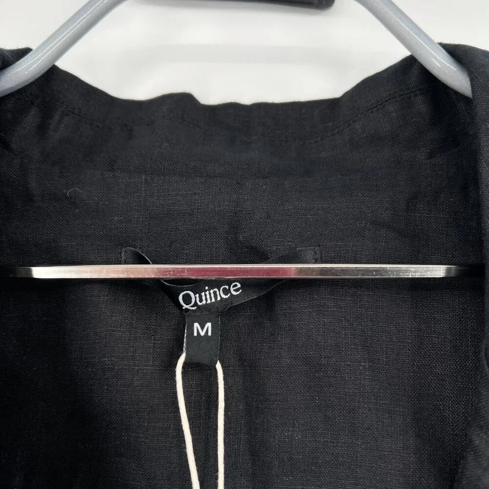Quince Women's Black Linen Button Front Dress sz M Midi A-Line Belt Short Sleeve - Picture 2 of 9